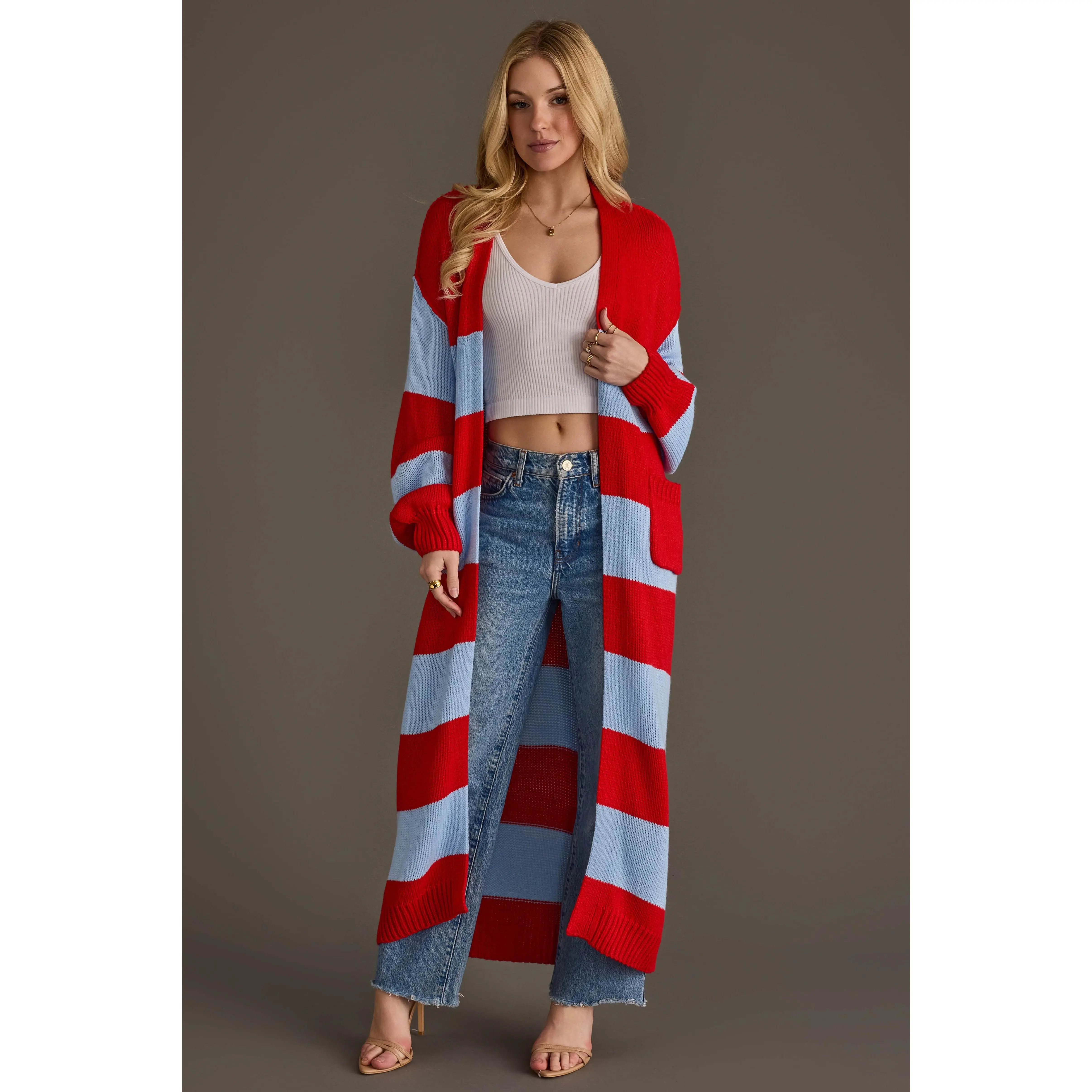 Red & Light Blue Striped Duster Cardigan