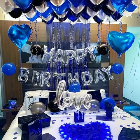 1068pcs Blue Birthday Decorations Set, Balloon Decorations Kit, 1000pcs Artificial Rose Petals, Happy Birthday Banner, Heart Foil Balloons, Blue Black Silver Metallic Latex Balloons, Romantic Surprise Birthday Party Decor for Couples Bedroom