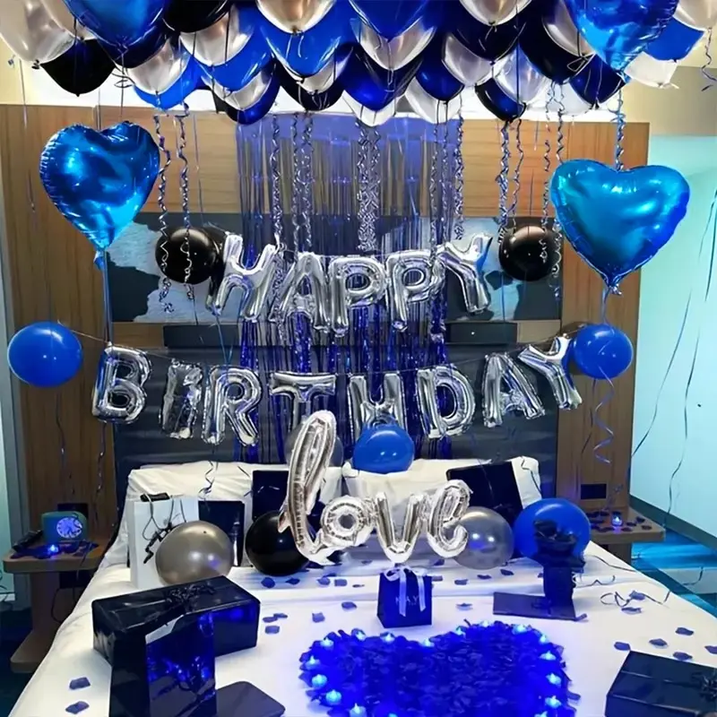 1068pcs Blue Birthday Decorations Set, Balloon Decorations Kit, 1000pcs Artificial Rose Petals, Happy Birthday Banner, Heart Foil Balloons, Blue Black Silver Metallic Latex Balloons, Romantic Surprise Birthday Party Decor for Couples Bedroom
