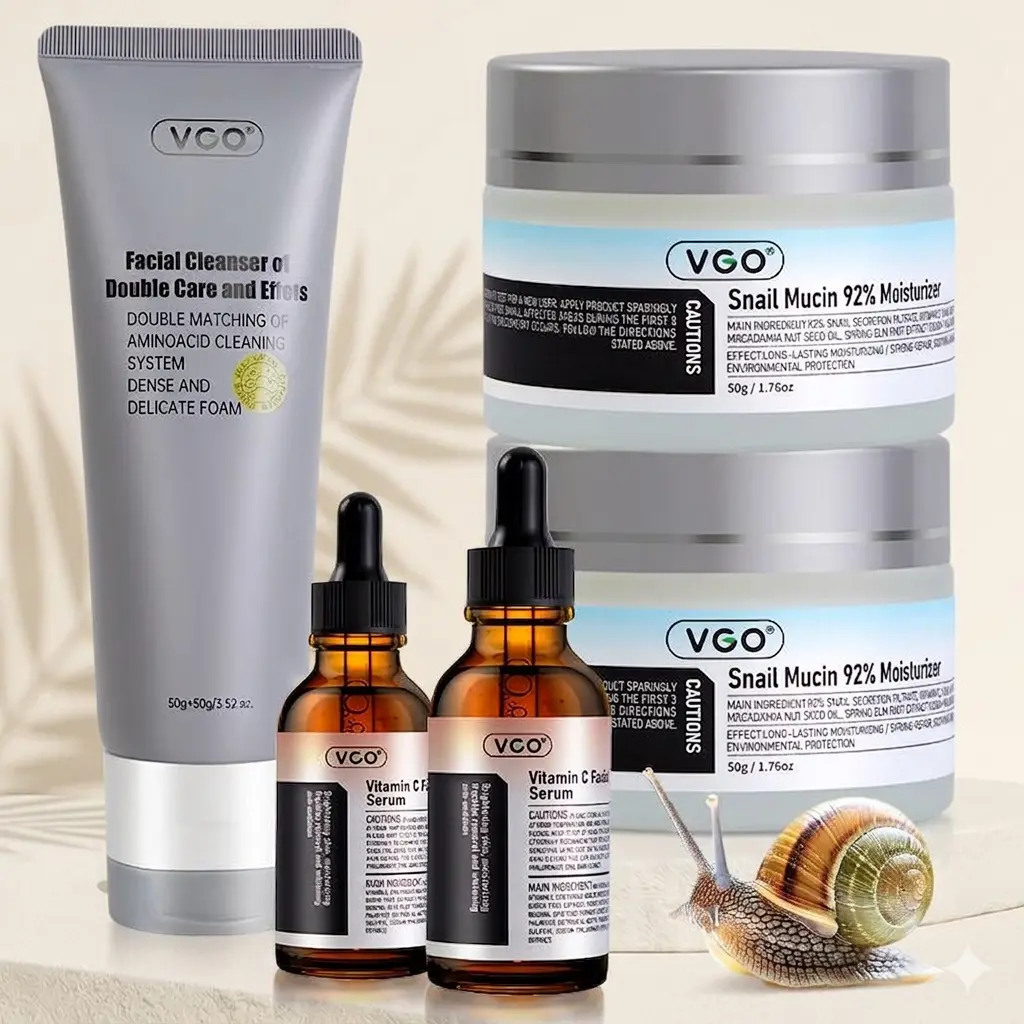 VGO 3-Step Daily Face Care Kit - Bottle-Packaged Hydrating Cleanser, Vitamin C Serum (Contains Vitamin C), Snail Mucin Moisturizer for Morning/Night Routines, Comfortable-Feel Lovers & Smooth Skin Support