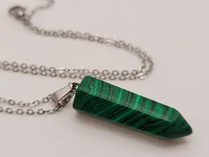 Crystal Necklace Silver Wire Wrapped Malachite Healing Crystal Point Necklace