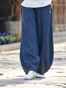 Women's Elegant Harem Pants, Loose Fit, Elastic Waist Drawstring Design, Pleated Details, Lightweight Semi-Transparent Fabric, All Seasons Casual Long Pants, Adjustable