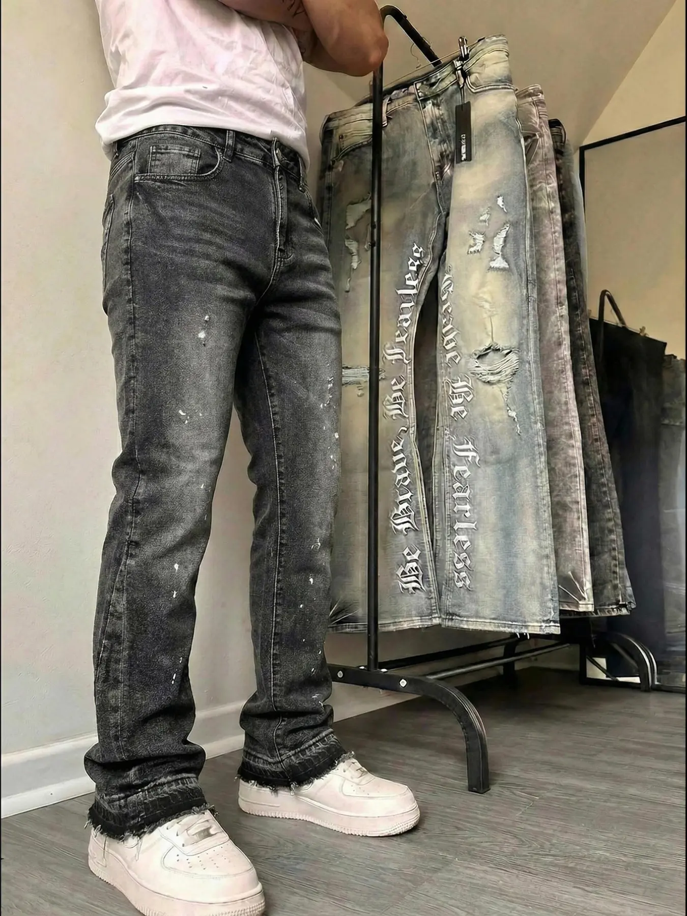 Men's High-End Casual Streetwear Loose-Fitting Jeans, All Seasons Button Fly Zipper Flare Pants, Plain Water Washed Denim Bottoms, Denim Fabric Jeans, Flared Denim Jean