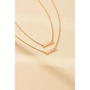 Tiny Tags 14K Gold Ion Plated BFF Bar Chain Necklace Set 2pc - Gold