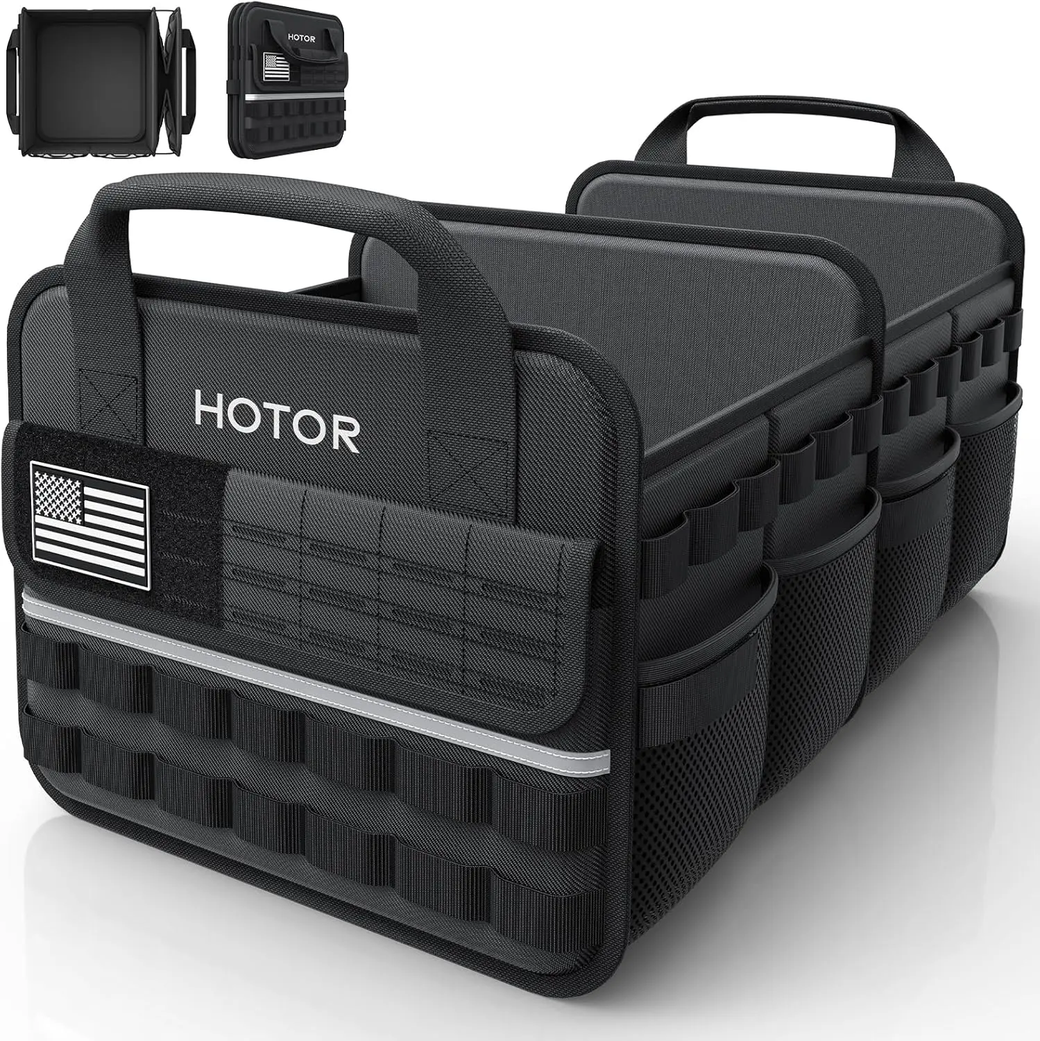 Car Trunk Organizer - Foldable Trunk Organizer for SUV with Front MOLLE Pocket & Reflective Strips, Essential Car Accessories for Tools & Outdoor Storage, 12.8" x 21.7" x 11.0", Black