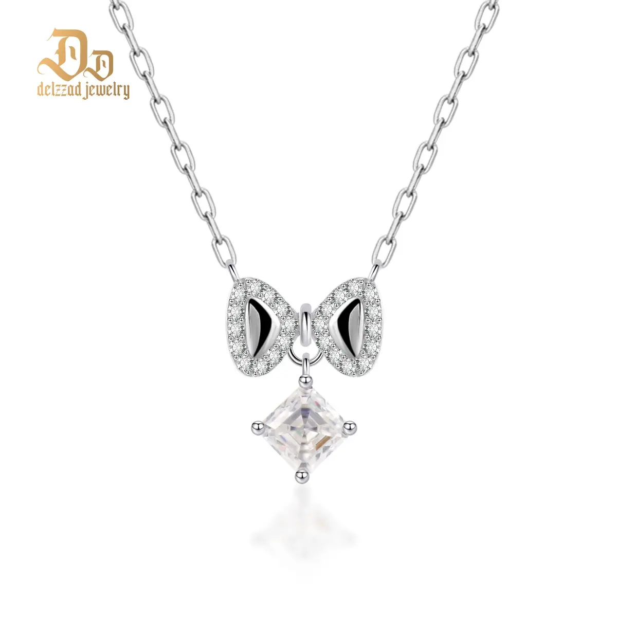 Delzzad Bowknot Necklace Asscher Square Chain VVS Synthetic Moissanite S925 Chain Jewelry Perfect Birthday Wedding Engagement Anniversary Christmas Gift