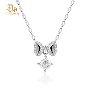Delzzad Bowknot Necklace Asscher Square Chain VVS Synthetic Moissanite S925 Chain Jewelry Perfect Birthday Wedding Engagement Anniversary Christmas Gift