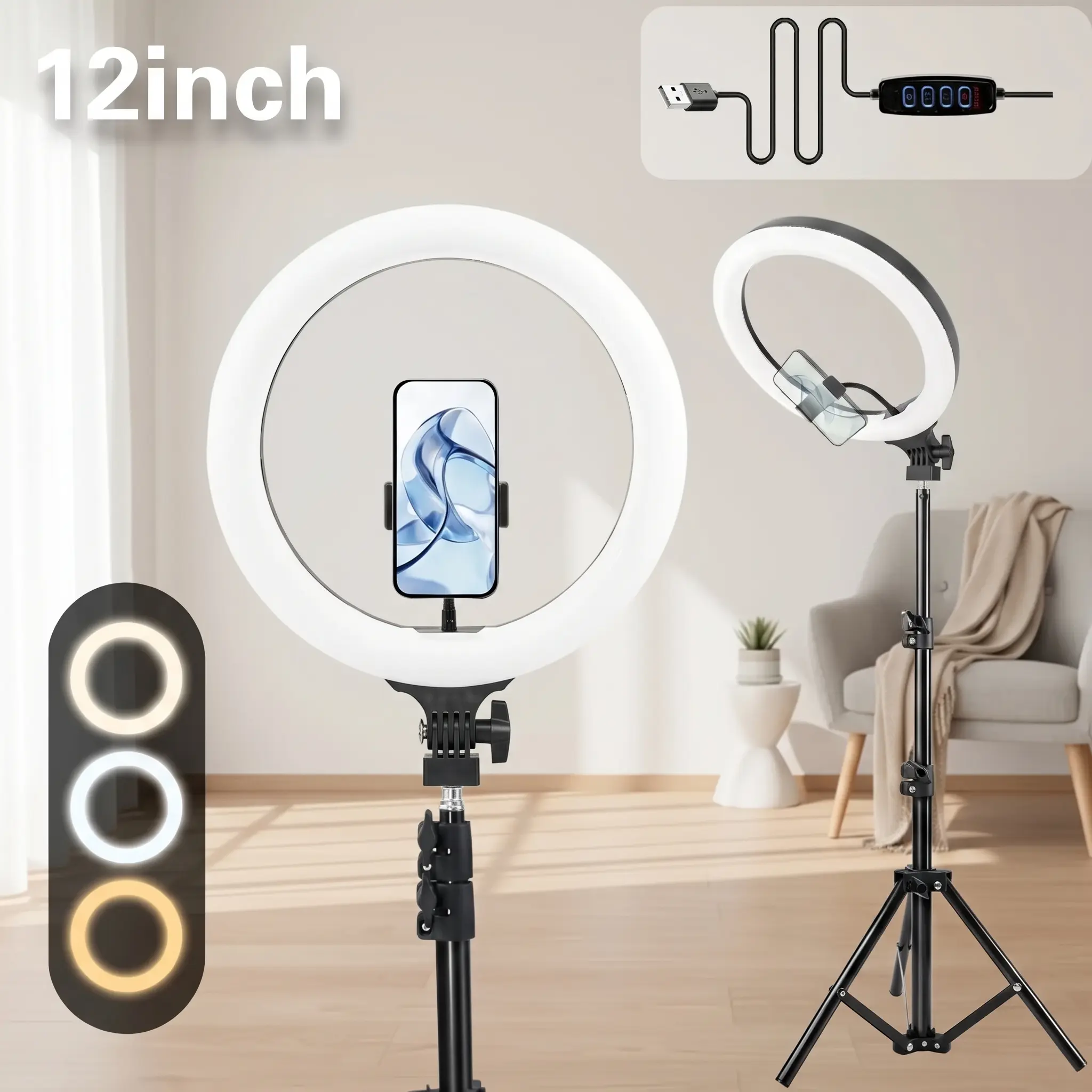 12" Professional LED Selfie Ring Light (3 Color Temperatures), 1.1m Extendable Tripod - Video Light Ideal for tiktok, YouTube Content, Video Calls, Beauty Shoots & Product Photography, Works with Mobile Phones#SummerWins#BackToSchoolDeal