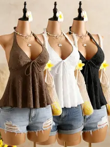 Y2K Style Textured Ruffled Halter Top Set, V Neck Front Tie Ruffle Hem Sleeveless Women's Blouse, Fit, 3 Piece Set, Fashionable, Casual and Comfortable