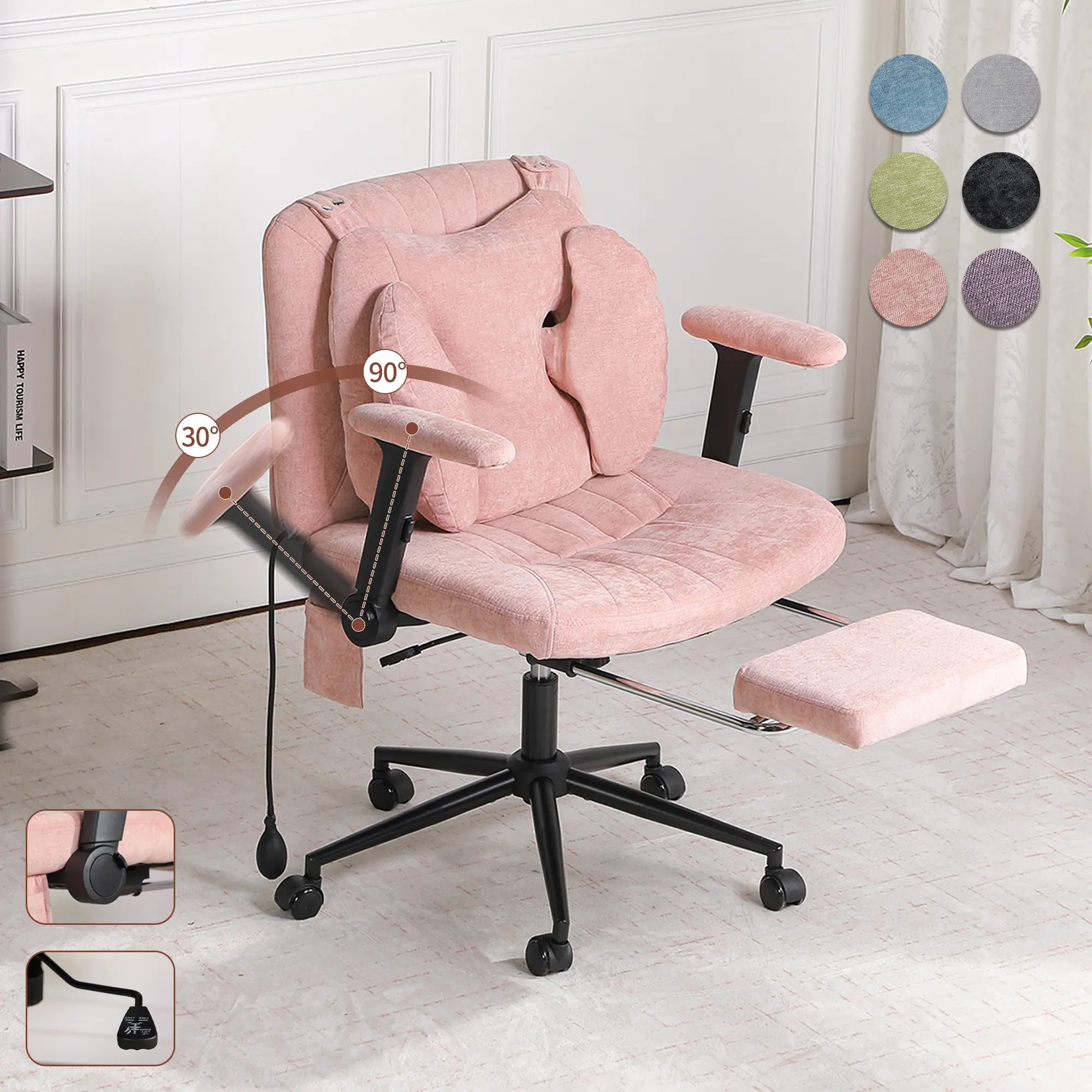 SOUTTEE Armrest Casters Office Chair with Pneumatic Lumbar Support and Retractable Footrest, Height-adjustable, Featuring A Wide Seat Cushion Design. Ideal for Home Offices, Meditation, and Dressing Room Settings.,dorm essentials,home decor