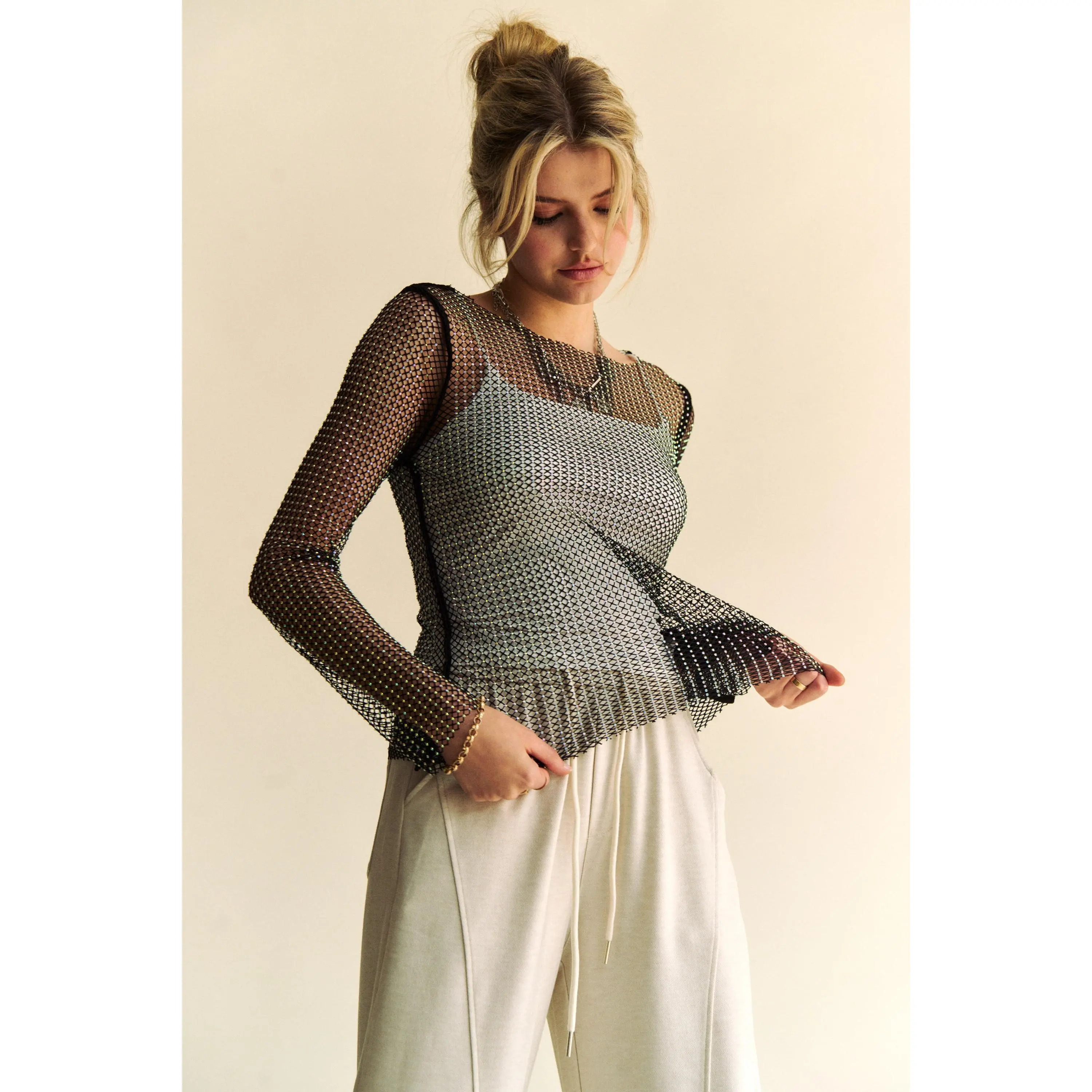 Davi & Dani Sparkling Rhinestone Sheer Mesh Round Neck Top