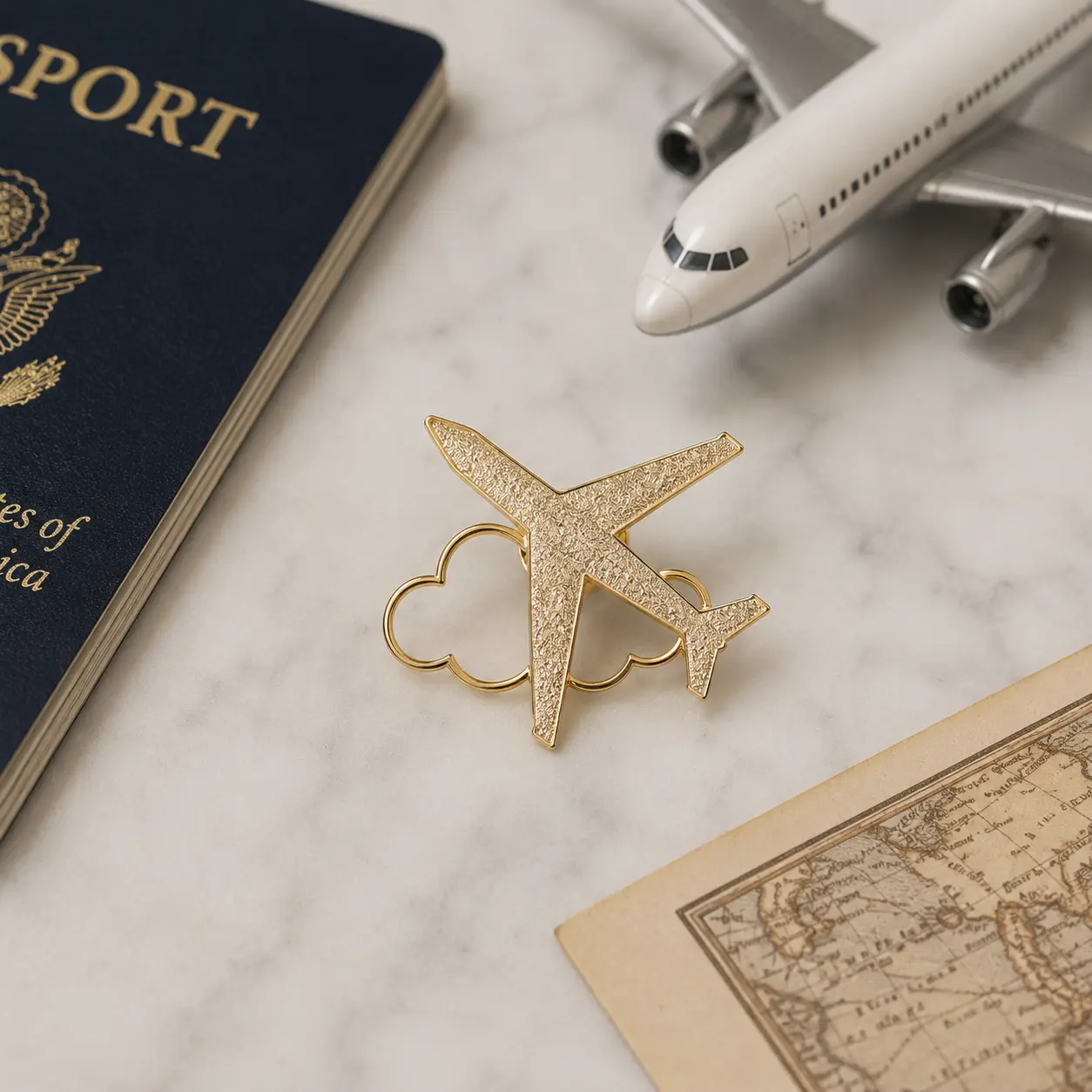 Gold Tone Airplane & Cloud Lapel Pin Brooch Travel Aviation Jewelry 1.5"