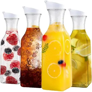 4Pcs Water Carafes with Flip Top Lid, 50oz Square Containers,Juice, Milk,jugs,drinkware,Cold Brew and Mimosa Bar Lemon Insulated Airtight Swing Glass Bottles clear plastic Lightweight Pour