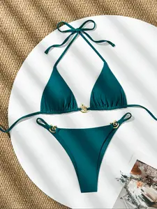 Two-Piece Set Women's Solid Color Metal Decor Halter Triangle Bikini Set, Halter Bikini Swimsuit, High Stretch Casual Fashion Chic Tie Back Backless Swim Top & Swim Bottom for Beach Holiday Vacation, Ladies Swimwear for All Seasons