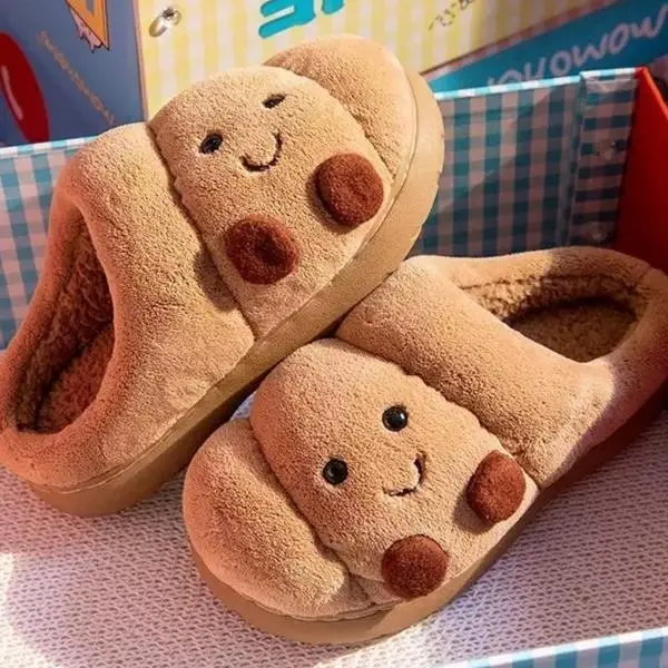 Croissant House Slippers for Women, Cute Cartoon Food Design, Warm Fuzzy Closed Toe Shoes for Bedroom, Dorm and Winter Wear