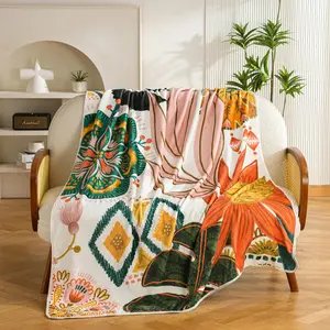Boho Floral Flannel Fleece Throw Blanket – Soft, Warm & Lightweight Fuzzy Blanket for Couch, Bed, or Sofa Decor, Cute Botanical Design for Women & Girls