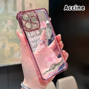 Electroplated Four Corner Anti-Fall Ocean turtle charm Pattern Phone Case for iPhone 16 Pro Max 15 Plus 14 13 12 11 E Shockproof Transparent Protective Cover