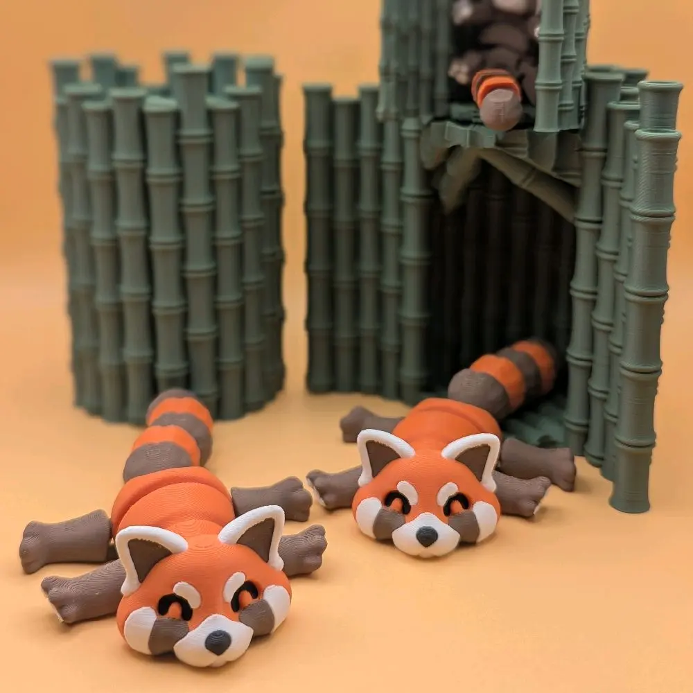 3D Printed Articulated Red Panda in Bamboo Hut | Flexi Figure | Desk Collectible Gift