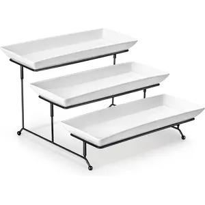 3 Tier Serving Tray, Porcelain Tiered Cupcake Stand, Ceramic Elevated Serving Platter with Collapsible Sturdier Rack,Series PLAT (White, 14 Inch)