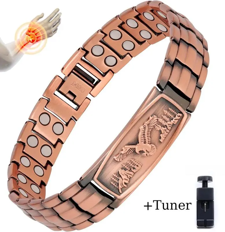 Men's Copper Alloy Bracelet, Vintage Eagle Engraved 2-Tone Link Wrist Cuff for Male Wear with Sizing Tool, Two Tone Look