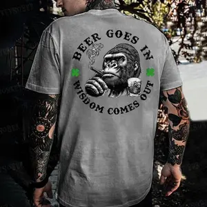 Monkeysober 100% Cotton Men's Suitable For All Seasons Beer Goes In Wisdom Comes Out Saint Patrick's Day Fun Soft And Comfortable Colorful Printed Cotton Men's T-shirt