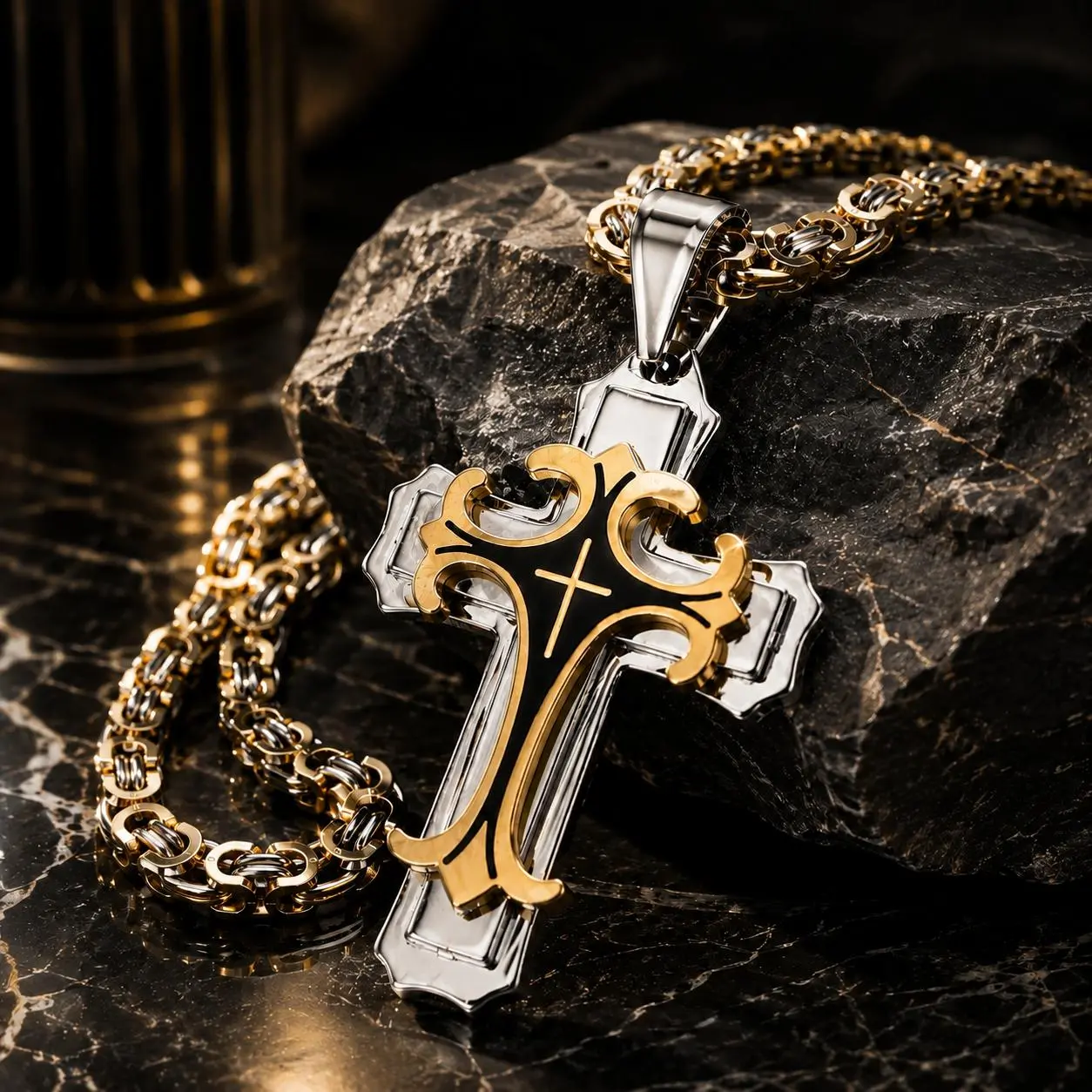 Men's Stainless Steel Cross Necklace, Gold & Silver Two-Tone Chunky Cross Pendant with Bold Link Chain, Gothic Hip Hop Christian Faith Statement Jewelry, Streetwear Accessory, Free Shipping 3-Day Delivery Chunky Necklace Cuban Style Necklace