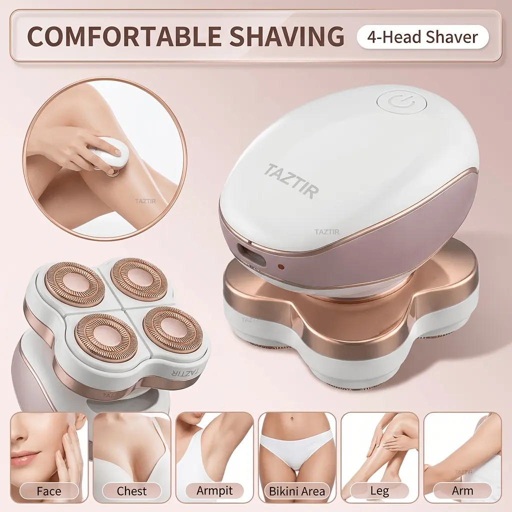 TAZTIR 4-Head 360° Women'S Wet/Dry Electric Shaver And Trimmer: USB Rechargeable, 2 LED Lights, Suitable for Face, Bikini Line, Legs, Arms, Chest, And Underarms, a Portable, Travel-Friendly Full-Body Hair Removal Tool, 360° Rotate, Pivoting Head, Face/Leg