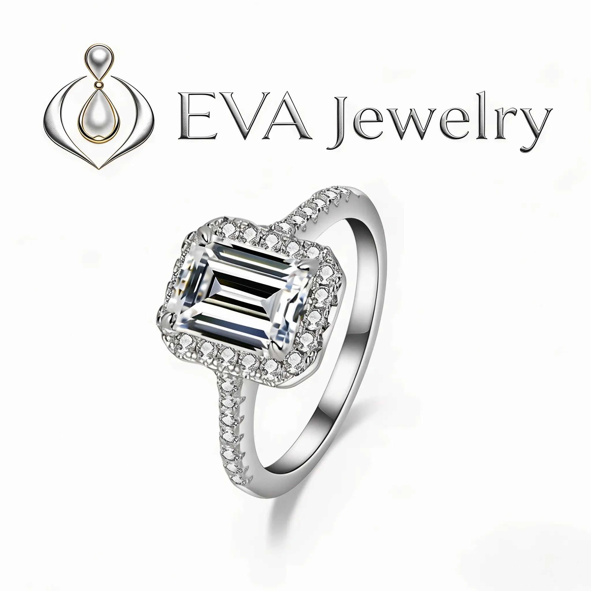 [EVA Jewelry] Emerald Cut 3CT 925 Sterling Silver Synthetic Moissanite Ring