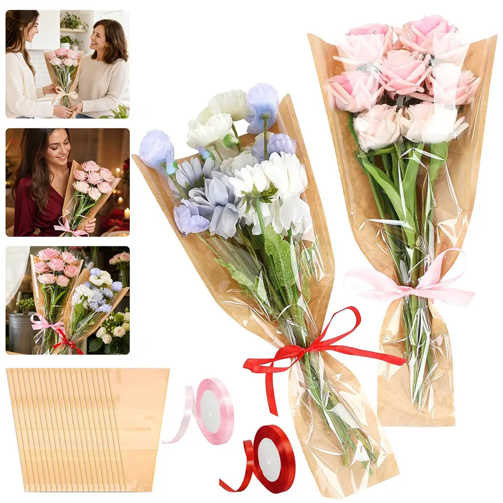 50-Pack Trapezoid Kraft Paper Flower Bouquet Bags, Open Sides Floral Wrap Sleeves with 22m Ribbons, 17.72x9.45" Florist Supplies for Graduation (Kitchen Specialty Utensil Accessory), Plastic Window