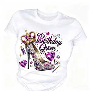 Women's Birthday Queen Sparkling Rhinestone High Heel & Jewelry GThis women’sraphic T-Shirt - Glitter Lettering Casual Party Outfit, Round Neck Short Sleeve Regular Fit Birthday Celebration Top for Women, Festive Clothing, Trendy Fashion, Machine Washable