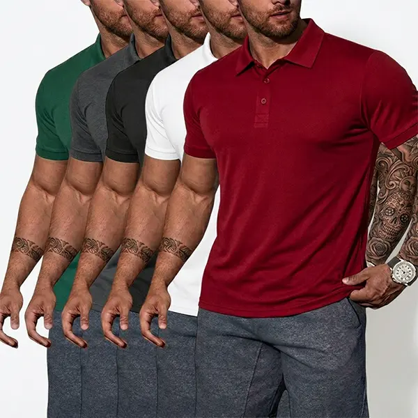Men’s 5-Piece Summer Polo Shirt Set – Solid Color, Casual Design, Stylish and Versatile, Suitable for Leisure, Business, and Sports; Orange/Black/Navy Blue/Green Combo Set