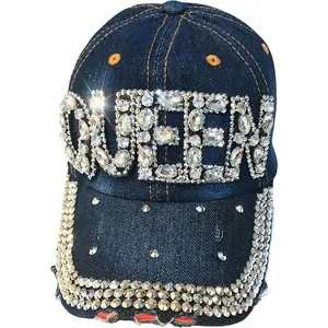 Queen” Rhinestone Denim Hat – Distressed & Bedazzled Bling Baseball Cap
