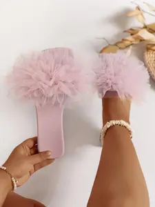 Women's Classic Solid Color Fluffy Slip on Rubber Sandals, Casual Comfortable Non-Slip Design, Perfect for Summer Beach Vacations & Daily Wear