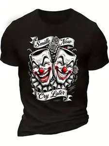 Smile Now, Cry Later Clown Mask Graphic Tee - A black humorous street shirt for both men and women, featuring a comedy tragedy mask, rose, and flag print on a pure cotton super soft breathable blend,Streetwear Casual hannah montana 20th anniversary merch