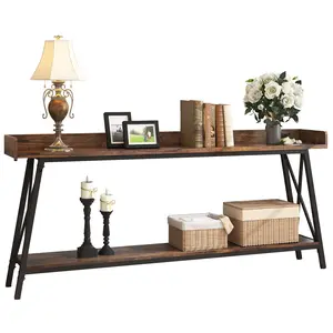 【GOOGREAT】70.87 inch Extra Long Console Table Behind Couch, Rustic Industrial Sofa Table for Living Room, Narrow Entryway Hallway Long Bar Table, Brown+Black