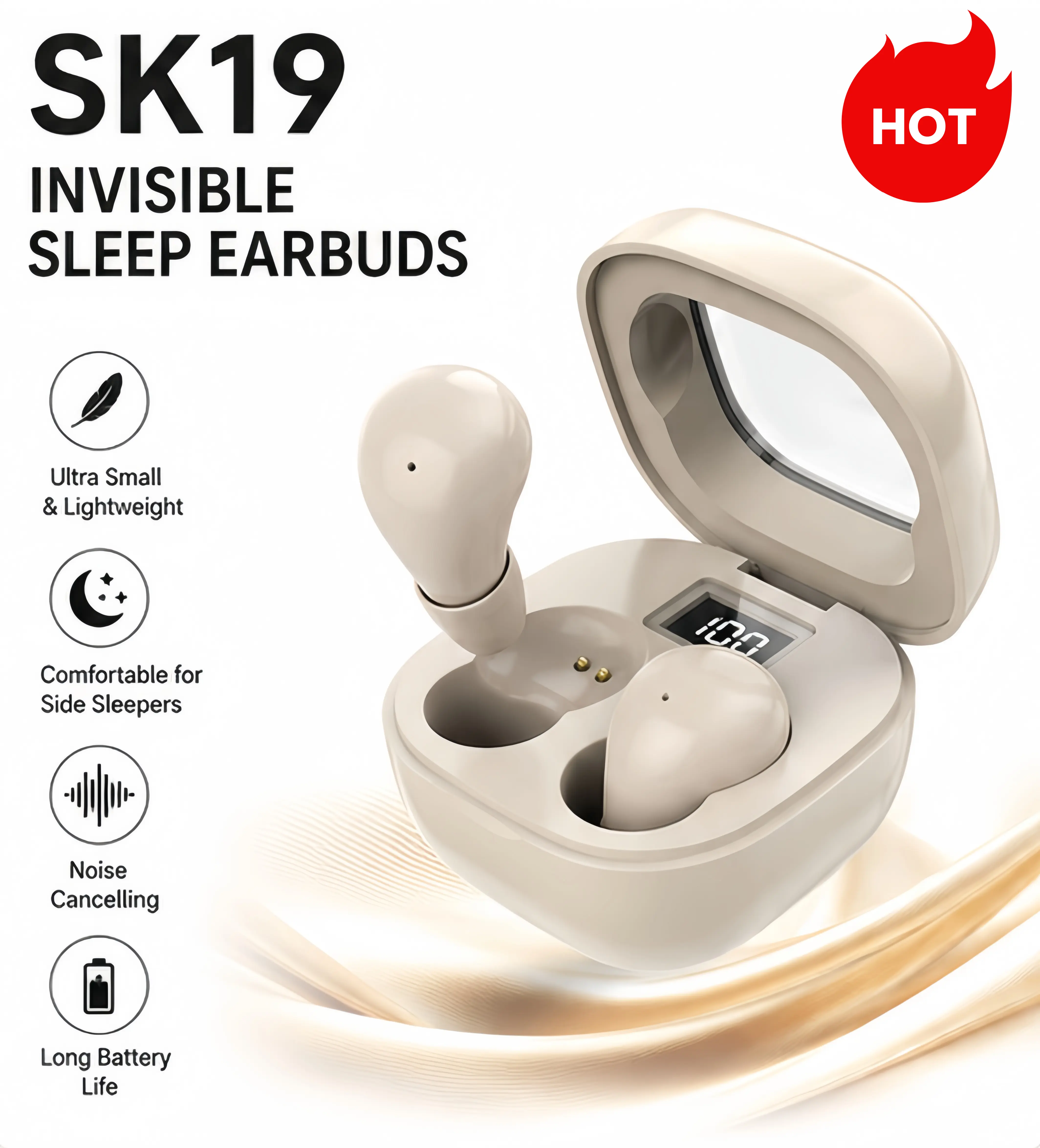 SK19 Invisible Bluetooth Earbuds, Mini Sleep Earbuds for Side Sleepers, Bluetooth 5.4 Wireless Earphones with Noise Cancelling, Hi-Fi Stereo Sound, Touch Control, LED Display Charging Case