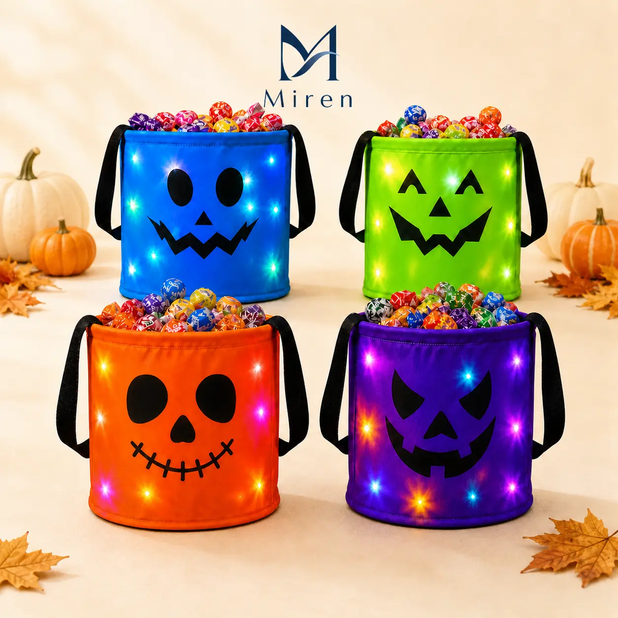 [Halloween]3/4 Pcs LED Light-Up Halloween Candy Buckets, Reusable Non-Woven Trick-or-Treat Tote Bags, Glowing Pumpkin Candy Holders for Kids and Adults, Halloween Party Favor Gift Bags for Home, Garden, Lawn, Birthday and Christmas Decorations--Miren