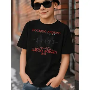 Young Boy's Upside Down Holiday Light Theme Christmas Stranger Hawkins Style Up Side Down Things Graphic Cotton T-Shirt For Young Boys, Black Perfect Christmas Gifts Hawkins Fans Shirts For Holiday Fun Stranger Young Boys T-Shirt - Upside Down Holiday Lig