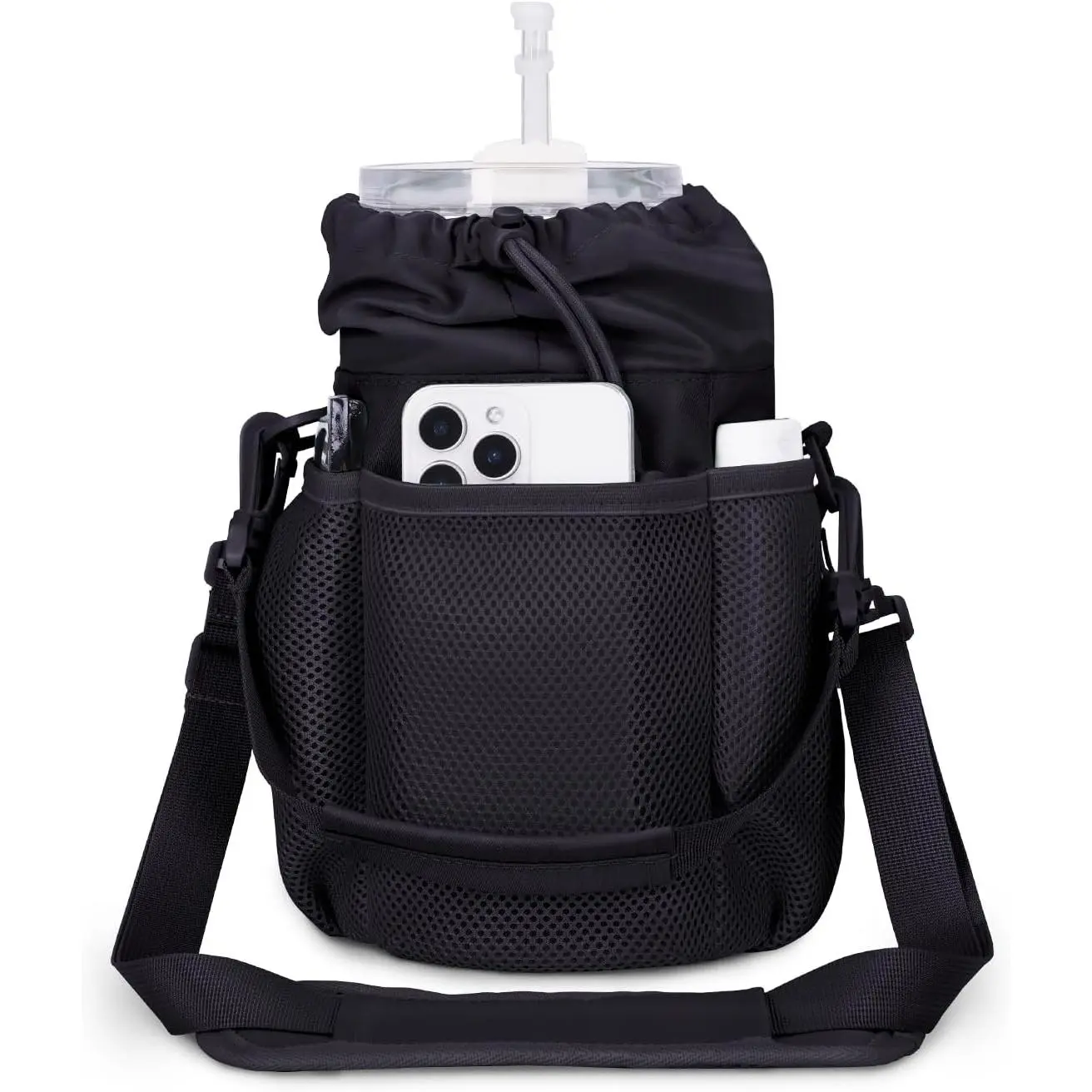 Water Bottle Holder with Strap, Full Coverage Stanley Cup 40/30 oz Tumbler, Insulated Water Bottle Carrier Bag with Back Safety Pocket, Crossbody Sling with Handle for Walking, Patent Pending