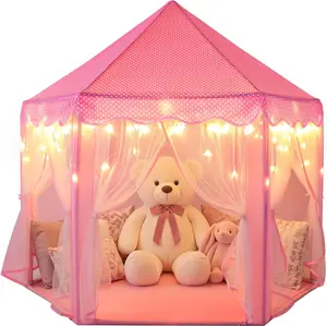 Princess Castle Tent for Girls Fairy Play Tents for Kids Hexagon Playhouse with Fairy Star Lights Toys for Children or Toddlers Indoor or Outdoor Games (Pink)