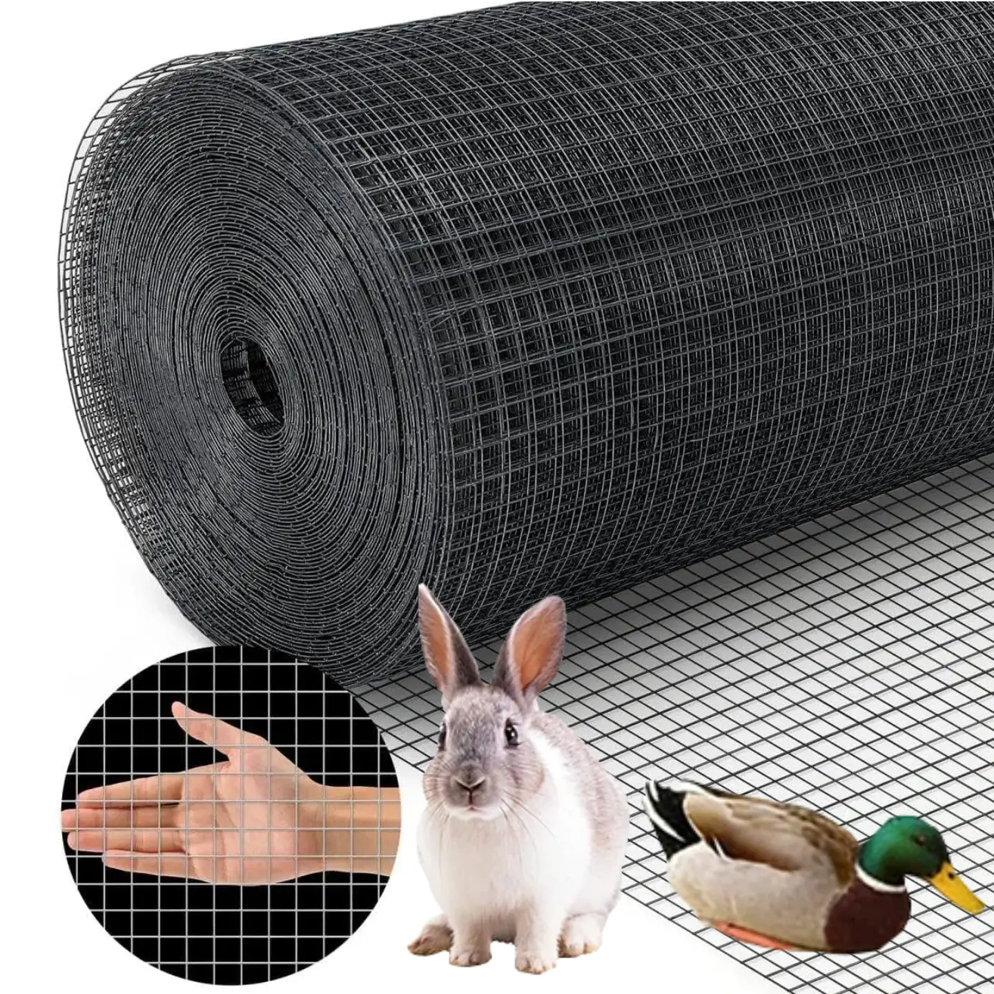 Black PVC-Coated Galvanized-After-Welding Welded Wire Fence Enclosure, 19 Ga, 1/2 in Grid, 24x100ft Roll Hardware Cloth, Secure Barrier for Chickens, Easy to Install, Versatile and Practical, Supports Poultry Netting