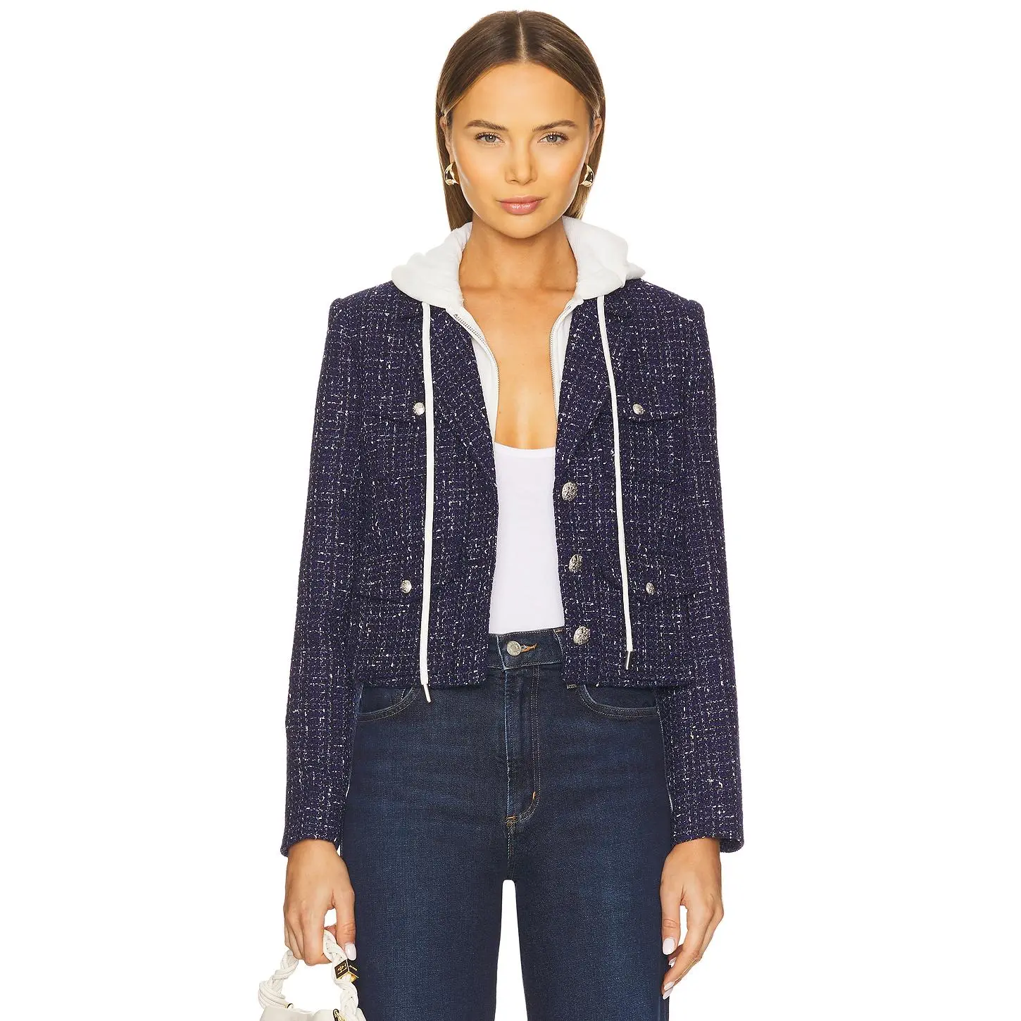 Central Park West Crop Tweed Dickie Blazer in Navy Multi