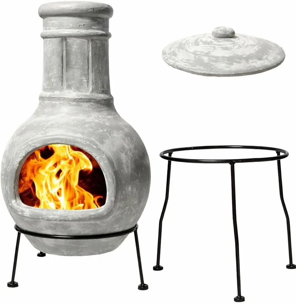 Wiosi Small Chiminea Outdoor Fireplace Grey –Clay Chimineas with Chimney Rain Lids and Solid Metal Stands - Mini Terracotta Chimenea – Rustic Fire Pit Chimnea 12 x 12 x 27-inch