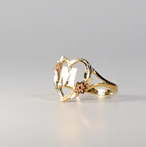 14K Gold Heart & Rose Initial "M" Ring