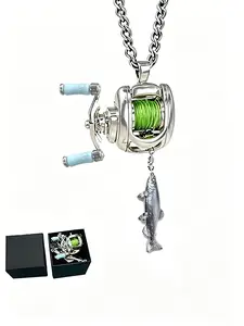 Mini Fishing Reel Necklace, Rotating Handle, Detachable Line Ring, Spinning Wheel Keychain, Portable Fishing Lure Pendant, Gift for Fishermen, Cuban Rope Chain
