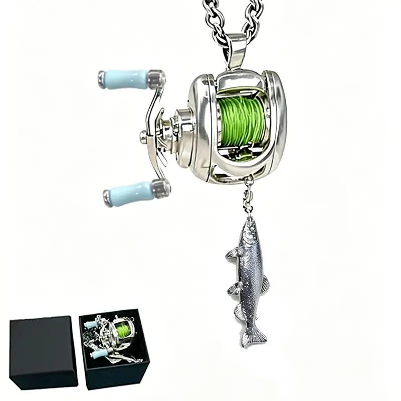 Mini Fishing Reel Necklace, Rotating Handle, Detachable Line Ring, Spinning Wheel Keychain, Portable Fishing Lure Pendant, Boho Pendant, Boho Style Jewelry, Gift for Fishermen, Cuban Rope Chain, Chain Necklaces, Decorative Necklace