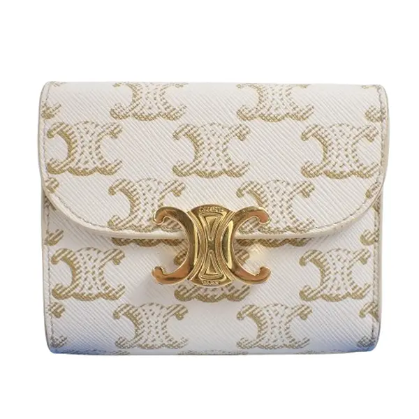 Pre-owned Celine As Seen On Screen As Seen On Screen M161 Triomphe Ivory Macadam PVC Coin Wallet Gold Logo ️ $699