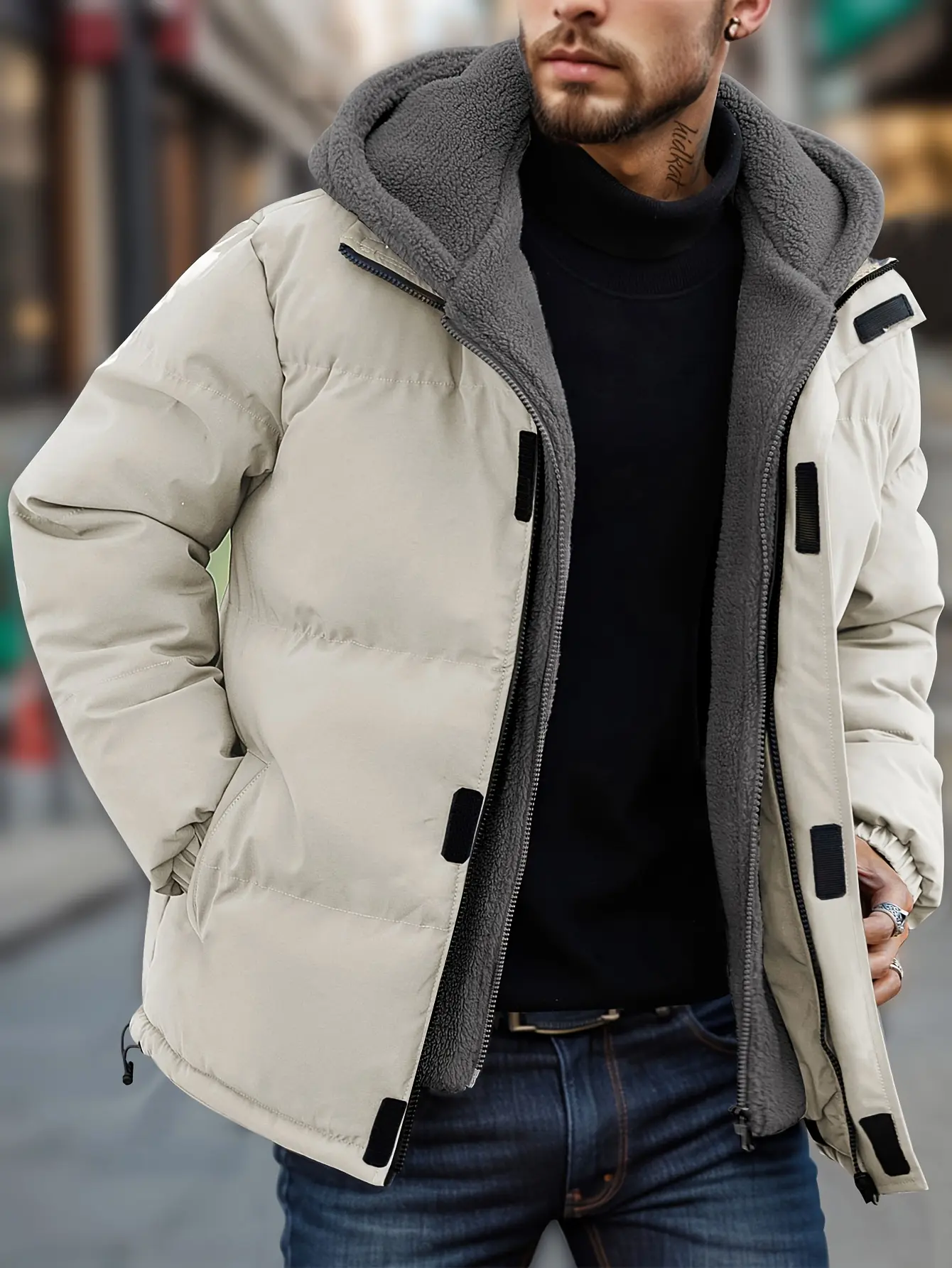 Men's Thick Windproof Winter Jacket - Longsleeves Plain Windproof Outerwear, Cold-Resistant Warm Fleece-Lined Hooded Coat with Full-Zip Front, Pockets, Mink Fur Collar, Regular Fit Casual Outdoor Zipper Coat for Cold Weather, Beige