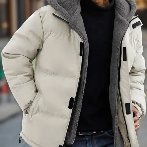 Men's Thick Waterproof Woven Hooded Winter Coat - Faux 2-Piece, Windproof, Cold-Resistant, Fleece-Lined, Full-Zip, Pockets, Mink Fur Collar, Regular Fit Casual Outdoor Menswear Top, Beige, Faux Two-Piece