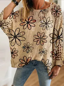 Women's Geometric Patchwork Colorblock Print Knit Top, Casual Elegant Vacation Style, Comfortable Breathable Loose Fit, Spring Summer Fall Fashion